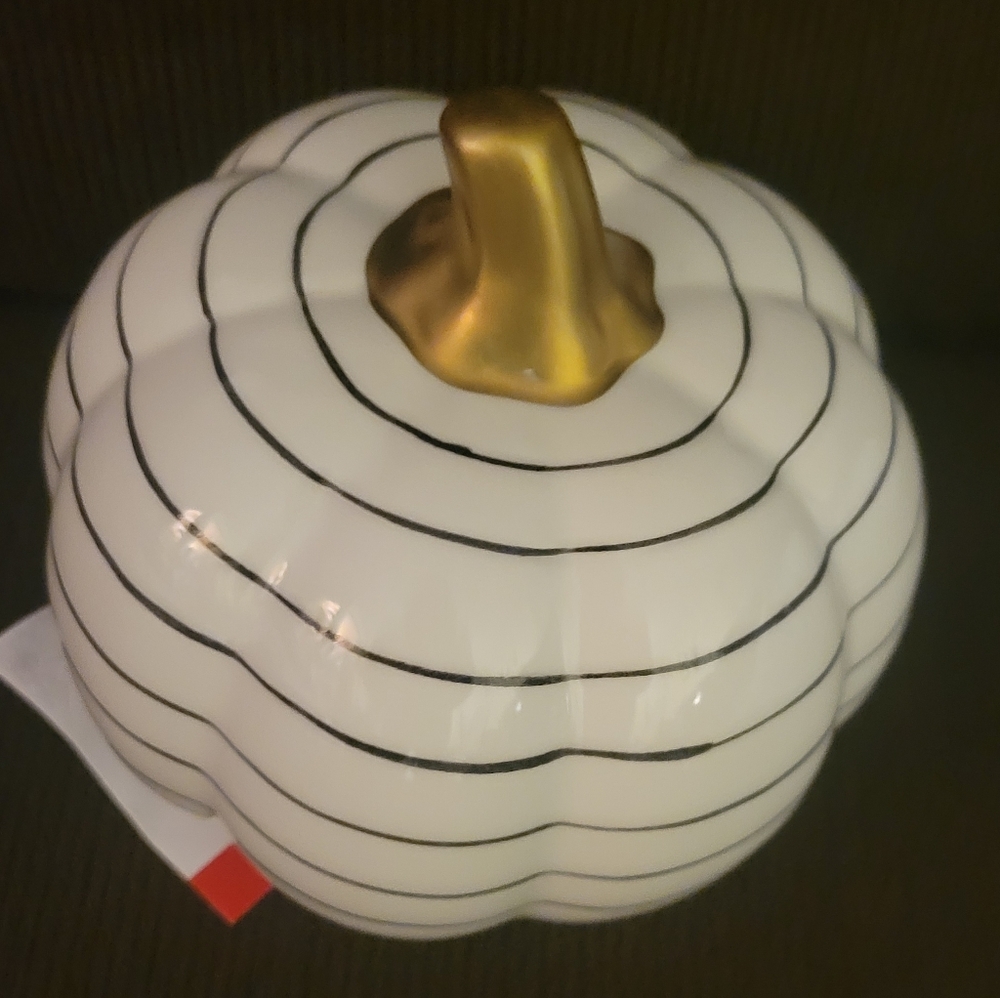 Gold Stem Orange Pumpkin & White Ceramic Pumpkin With Black Circles Pattern - Picture 8 of 11